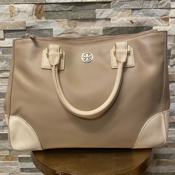 Tory Burch Robinson Double Zip Tote, Rare Color | Oatmeal Ivory Saffiano Leather - Picture 2 of 15